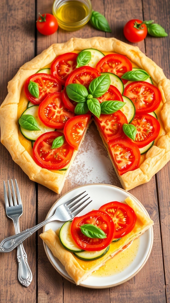 A savory tomato zucchini tart with vibrant vegetables on a flaky crust, garnished with basil on a wooden table.